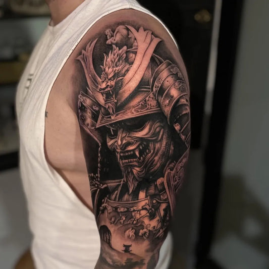 Big Black and Grey Samurai Hannya Mask Dragon Tattoo on Men Arm by @luke.vella.obsidian
