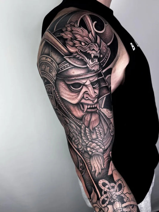 Big Black and Grey Samurai Hannya Mask Tattoo on Men Arm by @jadereevetattoo
