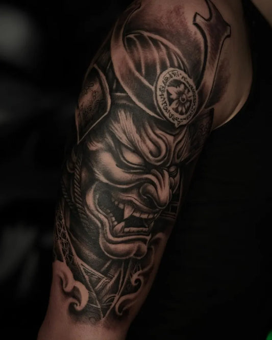 Big Black and Grey Samurai Hannya Mask Tattoo on Men Arm by @klemtattoo