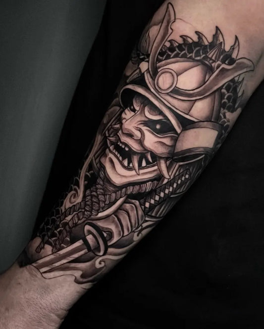 Big Black and Grey Samurai Hannya Mask Tattoo on Men Arm by @krn.blvck