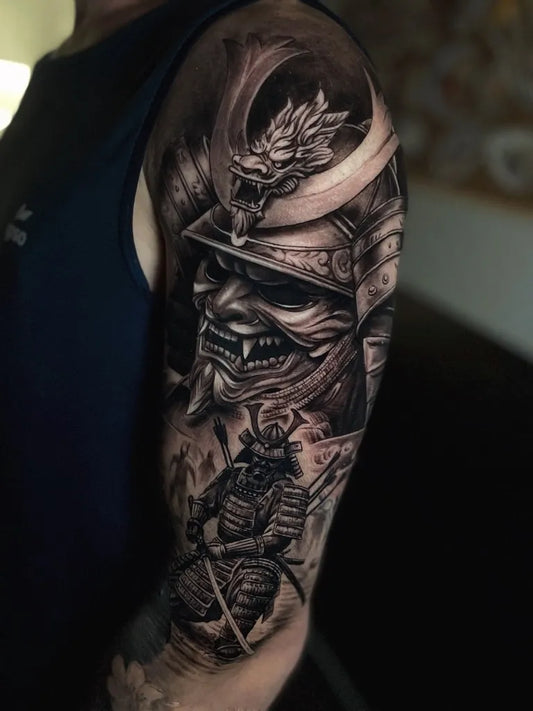 Big Black and Grey Samurai Hannya Mask Tattoo on Men Arm by @victorgemelo.tattoo