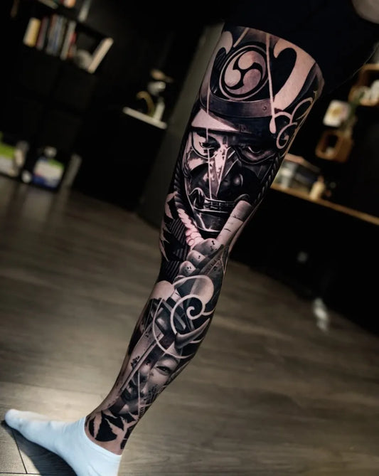 Big Black and Grey Samurai Hannya Mask Tattoo on Men Leg Sleeve by @wusetattoo