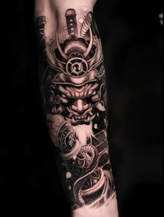 Big Black and Grey Samurai Hannya Mask and Dragon Tattoo on Men Arm by @t.arttoo_tafl