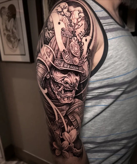 Big Black and Grey Samurai Hannya Mask and Flowers Tattoo on Men Arm by @jpeaces_tattoos