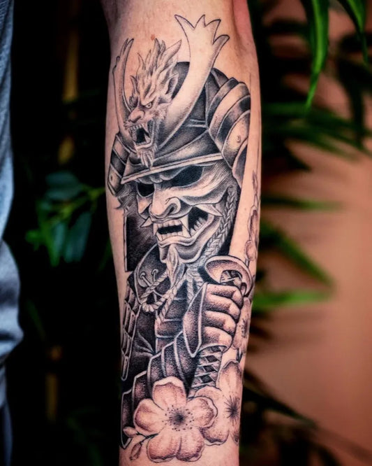 Big Black and Grey Samurai Hannya Mask with Cherry Blossoms Tattoo on Men Arm by @kelseyliuart