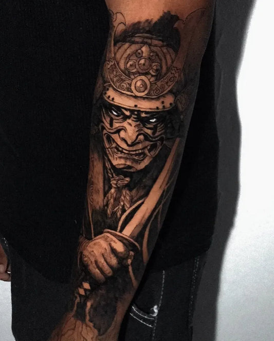 Big Black and Grey Samurai Hannya Mask with Sword Tattoo on Men Arm by @sadan_tattoo_