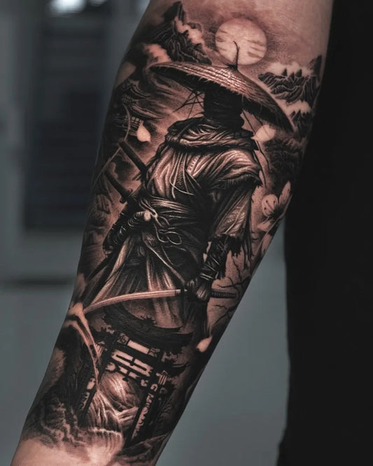 Big Black and Grey Samurai Landscape Tattoo on Men Arm by @sumok_tattoo