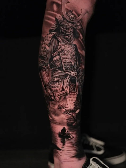 Big Black and Grey Samurai Landscape Tattoo on Men Leg by @all_known_tattoo