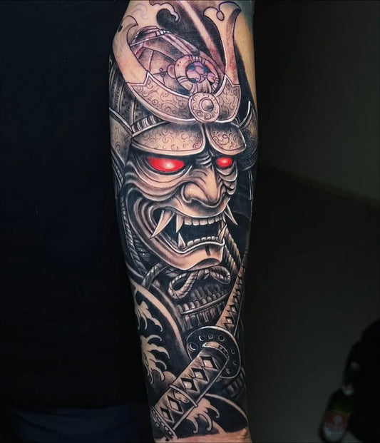 Big Black and Grey Samurai Mask with Sword Tattoo on Men Arm by @kaleo_tattoos
