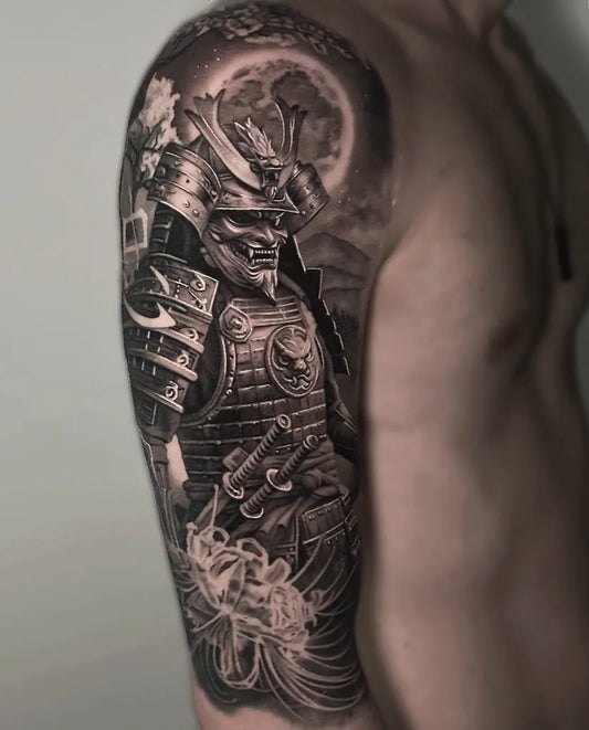 Big Black and Grey Samurai Moon Cherry Blossom Tattoo on Men Arm by @dani.tez