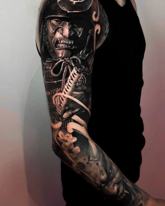 Big Black and Grey Samurai Portrait Tattoo on Men Arm by @mr.tea0801