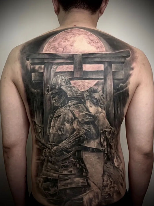 Big Black and Grey Samurai Torii Gate Moon Tattoo on Men Back by @orion1647