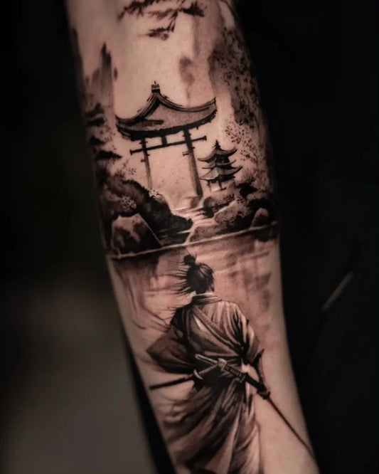 Big Black and Grey Samurai Torii Gate Tattoo on Men Arm by @fani_tattoo