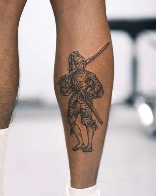 Big Black and Grey Samurai Warrior Tattoo on Men Calf by @nanakidme