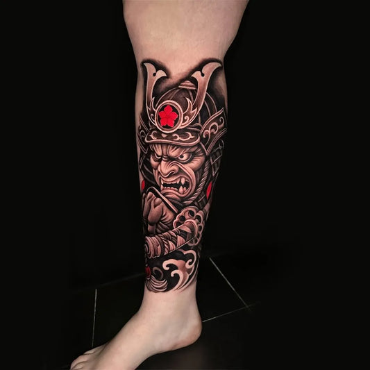 Big Black and Grey Samurai Warrior Tattoo on Men Leg by @kayotattoophuketthailand