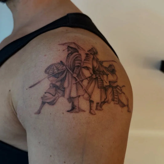 Big Black and Grey Samurai Warriors Tattoo on Men Shoulder by @muchttoomuch