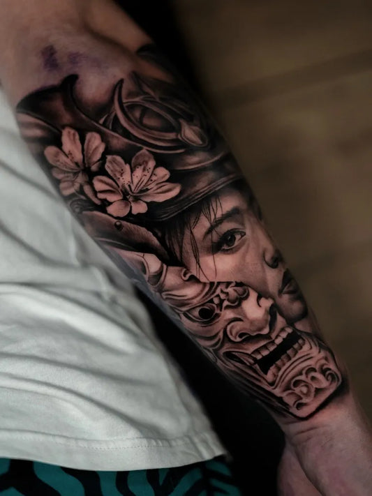 Big Black and Grey Samurai Woman Tattoo on Men Arm by @blacklines_tattoostudio