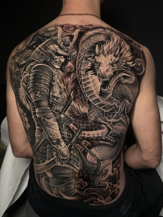 Big Black and Grey Samurai and Dragon Tattoo on Men Back by @dani_moreno_garcia