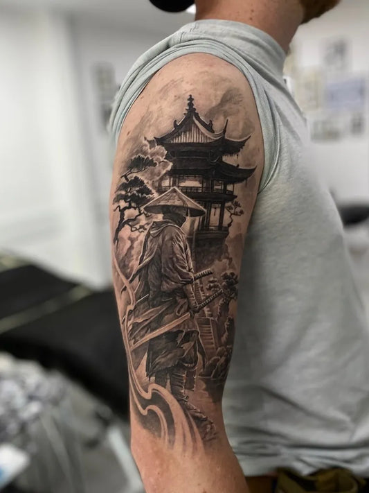 Big Black and Grey Samurai and Pagoda Tattoo on Men Arm by @kasian_tattoo