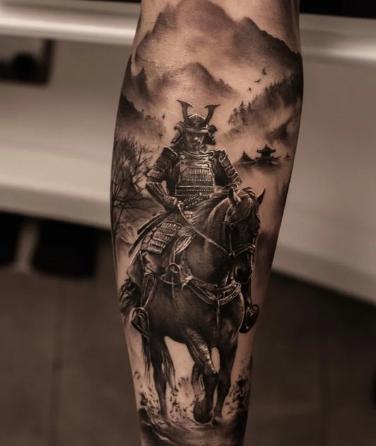 Big Black and Grey Samurai on Horseback in Mountains Tattoo on Men Leg by @skokanictattoo