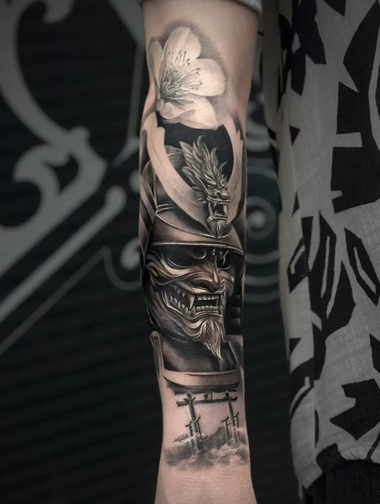Big Black and Grey Samurai with Cherry Blossom Tattoo on Men Arm by @exelanstattoo