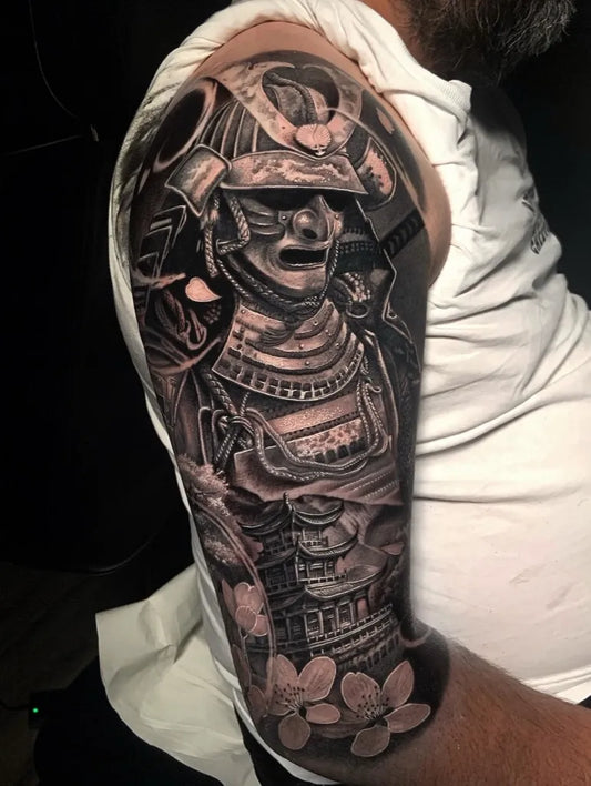 Big Black and Grey Samurai with Cherry Blossoms Tattoo on Men Arm by @dani_moreno_garcia