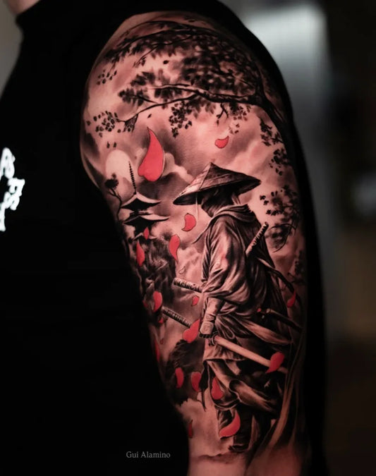 Big Black and Grey Samurai with Cherry Blossoms and Moon Tattoo on Men Arm by @gui.alamino_