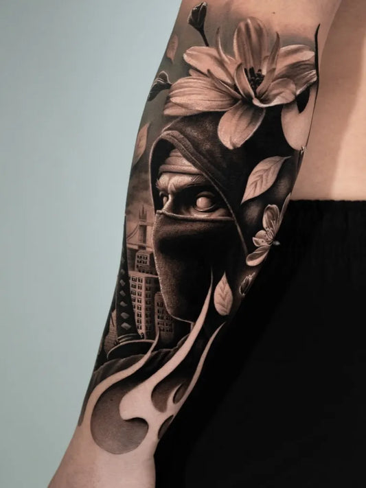 Big Black and Grey Samurai with Flowers and Cityscape Tattoo on Women Arm by @cagriesk