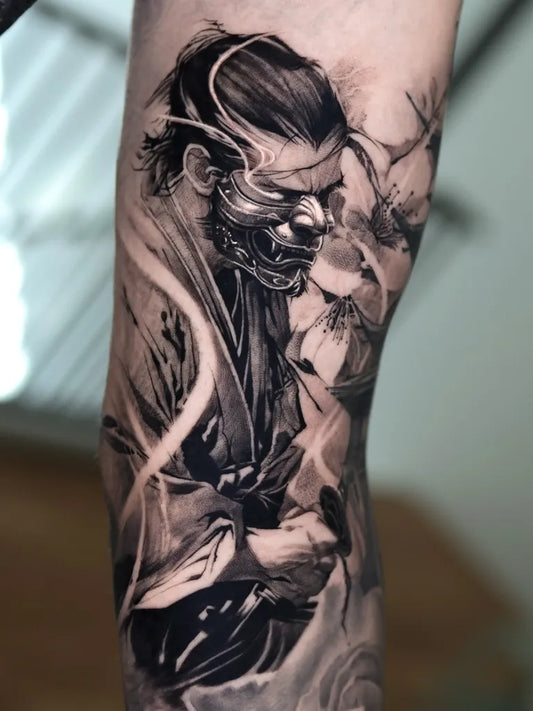 Big Black and Grey Samurai with Ghost and Flowers Tattoo on Men Arm by @tattooist_reset
