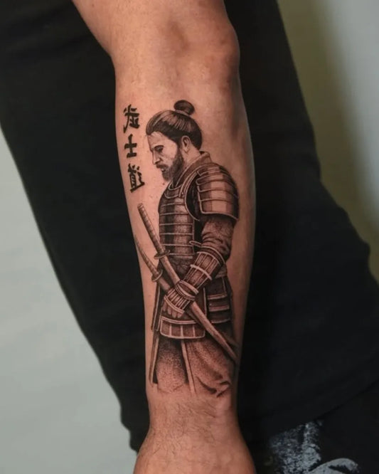 Big Black and Grey Samurai with Katana Tattoo on Men Arm by @labeltattoo