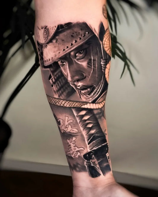 Big Black and Grey Samurai with Katana Tattoo on Men Arm by @yoav_tattooer