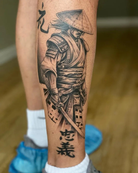 Big Black and Grey Samurai with Katana Tattoo on Men Leg by @bruno_gama_tattoo