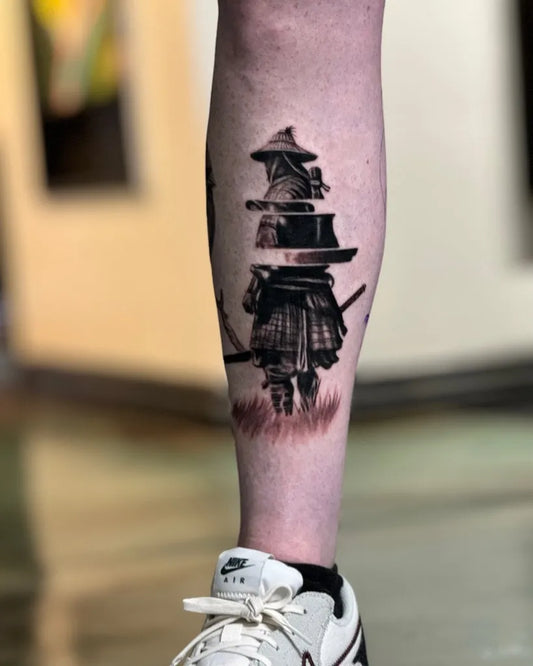 Big Black and Grey Samurai with Katana Tattoo on Men Leg by @monte_livingston