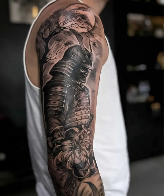 Big Black and Grey Samurai with Moon and Chrysanthemum Tattoo on Men Arm by @siaminktattoo