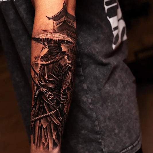 Big Black and Grey Samurai with Pagoda Tattoo on Men Arm by @andyy_ink