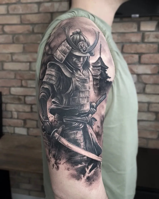 Big Black and Grey Samurai with Pagodas Tattoo on Men Arm by @betti_szanto