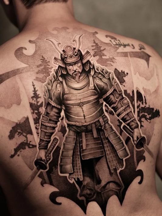 Big Black and Grey Samurai with Pine Trees Tattoo on Men Back by @eleven.rb