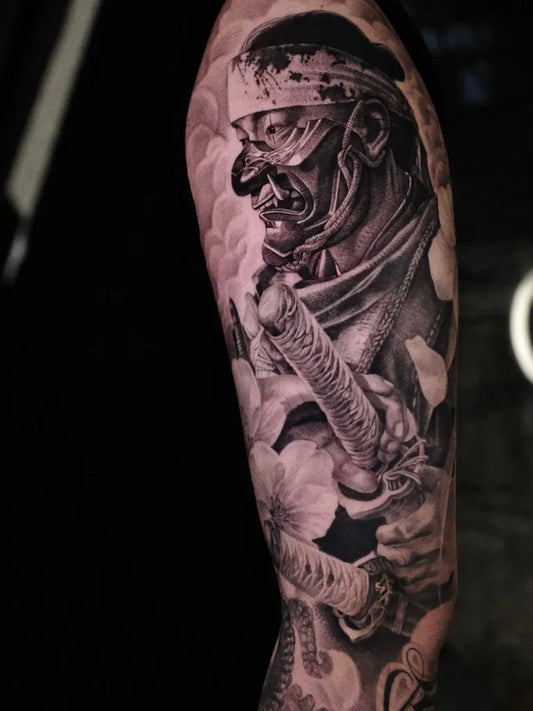 Big Black and Grey Samurai with Sword Tattoo on Men Arm by @12__ta2__05