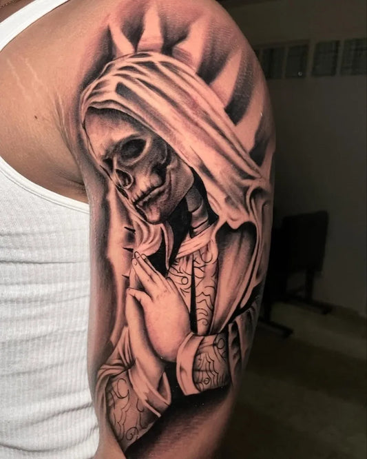 Big Black and Grey Santa Muerte with Rays Tattoo on Men Shoulder by @yakuza._mx