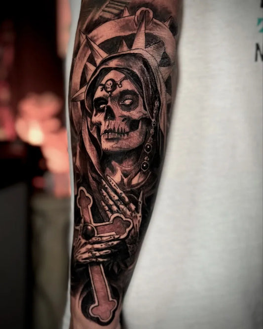 Big Black and Grey Santa Muerte with Rosary and Cross Tattoo on Men Arm by @andrastattoo