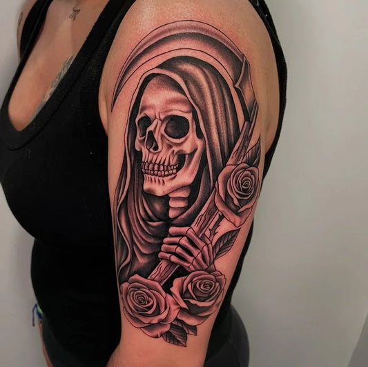 Big Black and Grey Santa Muerte with Roses Tattoo on Women Arm by @osieltattoos