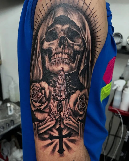 Big Black and Grey Santa Muerte with Roses and Cross Tattoo on Men Arm by @erniegee760