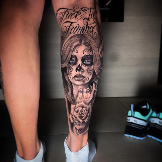 Big Black and Grey Santa Muerte with Roses and Text Tattoo on Women Leg by @cindytattooo