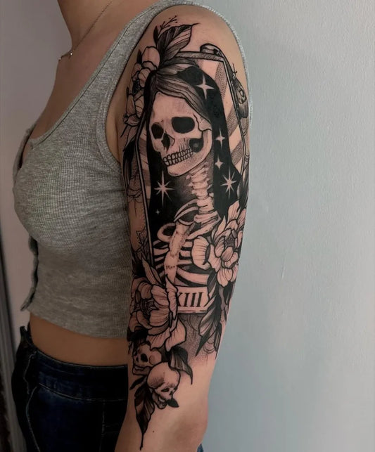 Big Black and Grey Santa Muerte with Roses and XIII Tattoo on Women Arm by @dziaba.tattoo