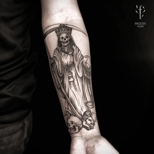 Big Black and Grey Santa Muerte with Scythe and Skulls Tattoo on Men Arm by @procer.tattoo.studio