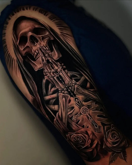 Big Black and Grey Santa Muerte with Skeleton and Roses Tattoo on Men Arm by @yamm._ink