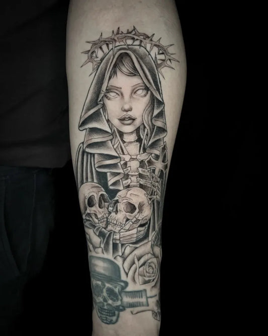 Big Black and Grey Santa Muerte with Skulls and Rose Tattoo on Men Arm by @goldensphynxtattoo