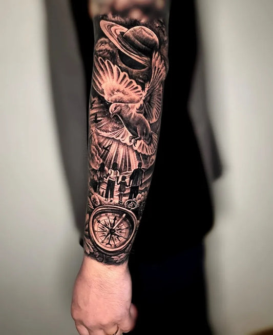 Big Black and Grey Saturn Dove Compass Family Tattoo on Men Arm by @tommyyu852