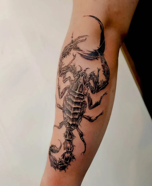 Big Black and Grey Scorpion on Men Arm Tattoo by @bada.tattoo