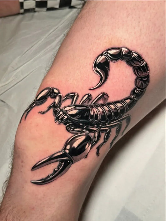 Big Black and Grey Scorpion on Men Leg Tattoo by @thebrzy.tattoo